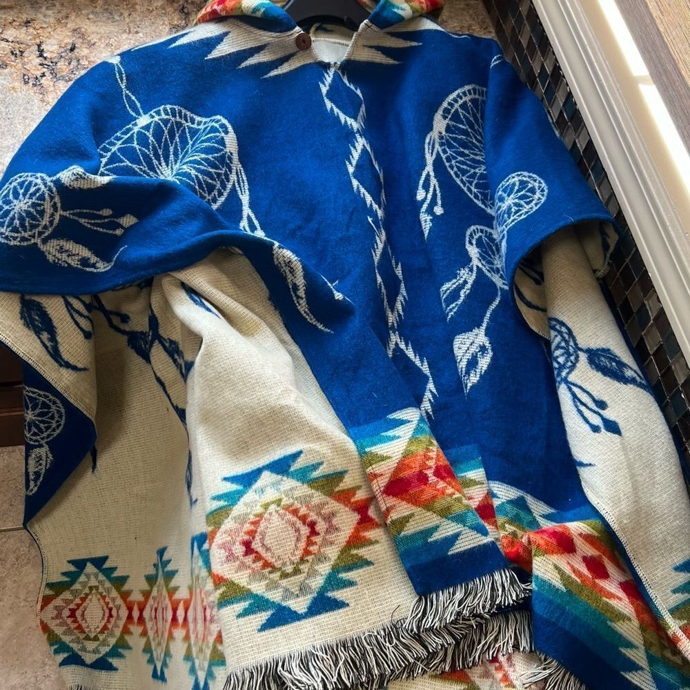 Western Blue Dreamcatcher Patterned Poncho w/ rainbow design